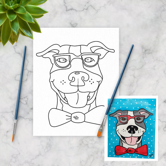 Hipster Dog Canvas Template - Paint a cute Pitbull dog with Glasses