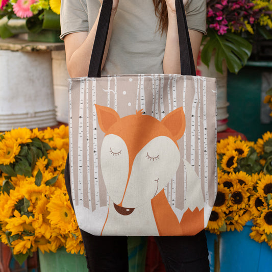 Red Fox with Birch Trees Tote Bag