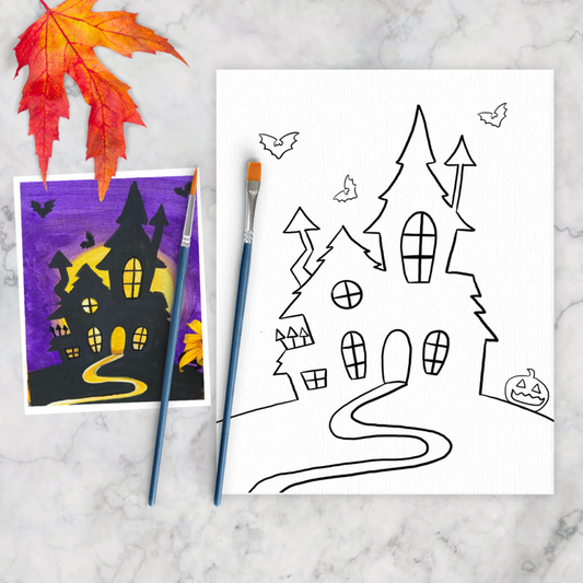 Purple Haunted House Halloween Kids Art Canvas Paint Kit