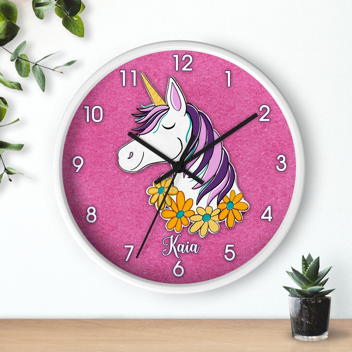 Unicorn Wall Clock in Pink - Personalized Name