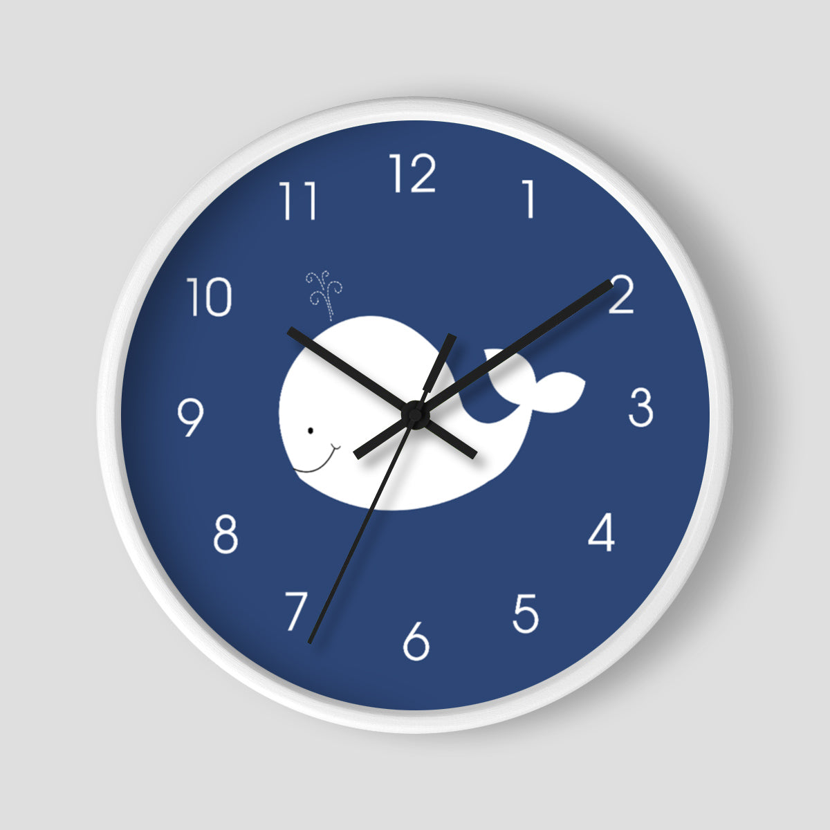 White Whale on Navy Background Kids Nursery Clock